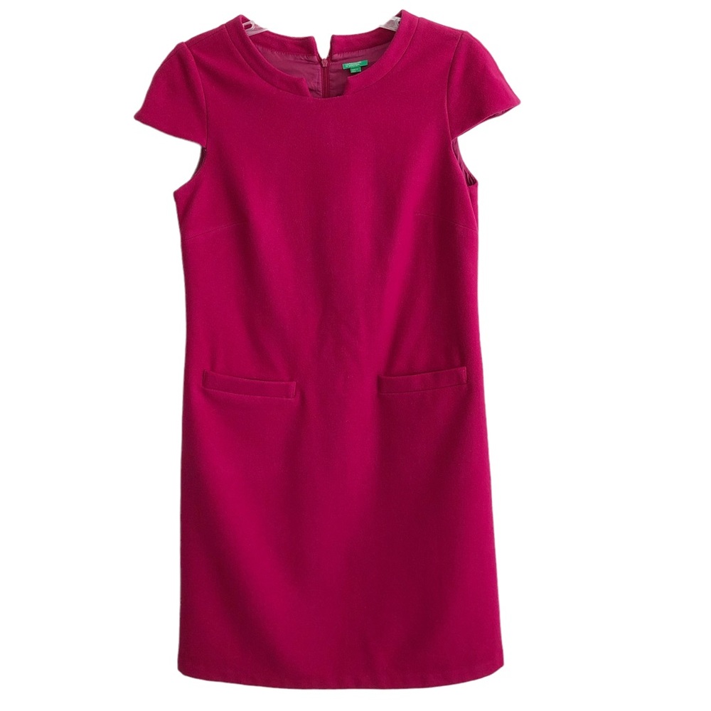 90s United Colors of Benetton Bright Fuschia Pink Cap Sleeve Wool Dress M EPC